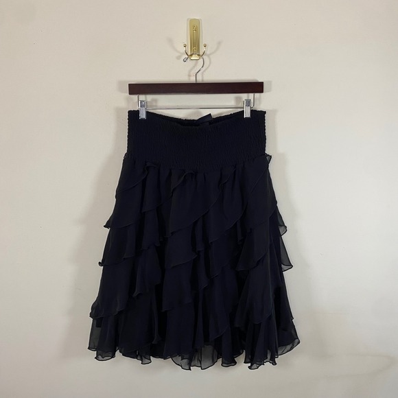 Dressbarn Black Ruffle Midi Skirt Smock Waist Tiered Chiffon XL whimsygoth Fairy - Picture 1 of 5